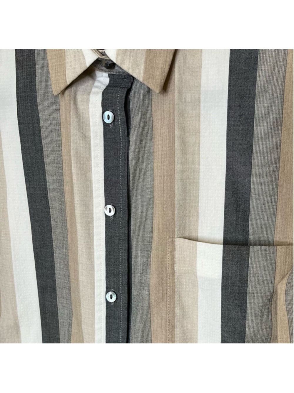 Striped Button Up Long Sleeve Shirt in Neutral Tan, Cream, Faded Black, Small - Picture 5 of 14